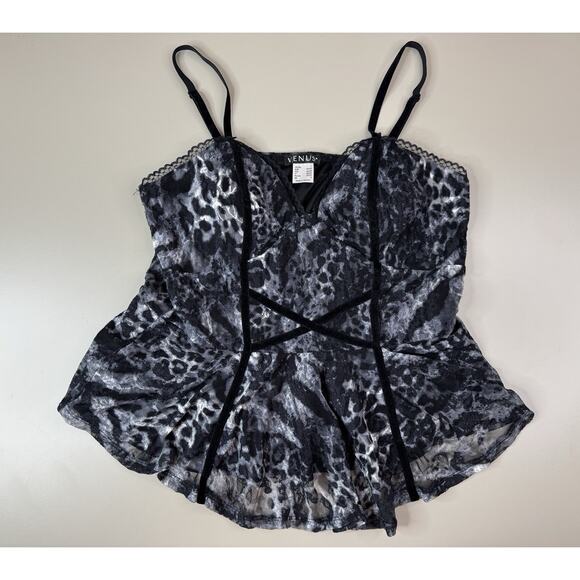 Venus Y2K Lace Babydoll Top Womens L Black Grey Cheetah Whimsigoth Velvet Straps - Picture 9 of 14